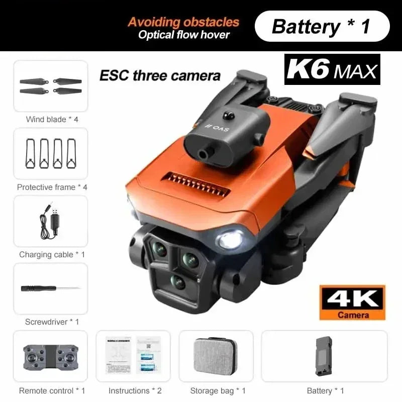 Drone K6 Max WiFi avec 3 Caméras HD, Grand Angle, Flux Optique, Évitement d’Obstacles, 4 Canaux, Quadricoptère