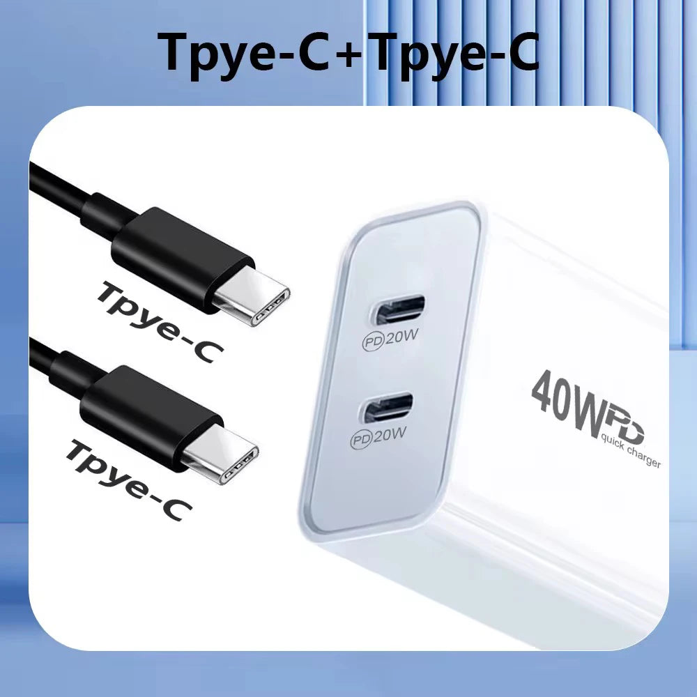 Chargeur PD 40W pour iPhone 16 / 15 / 14 / 13 / 12 / 11 Pro Max / Mini / 7 / 8 Plus / XR, avec câble Type-C charge rapide