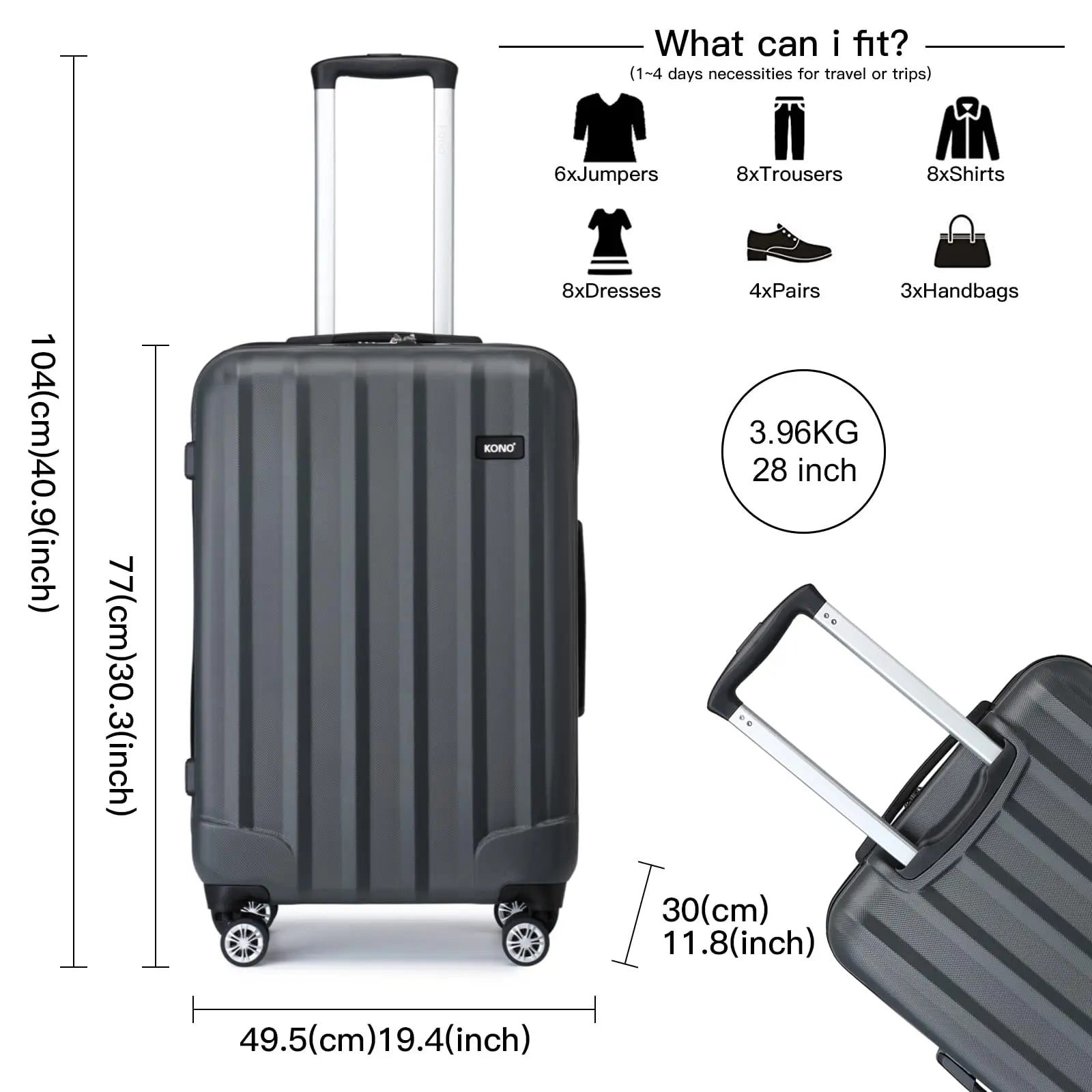 Valise rigide à roulettes en ABS léger avec serrure à combinaison KONO – bagage à main et set 3 tailles