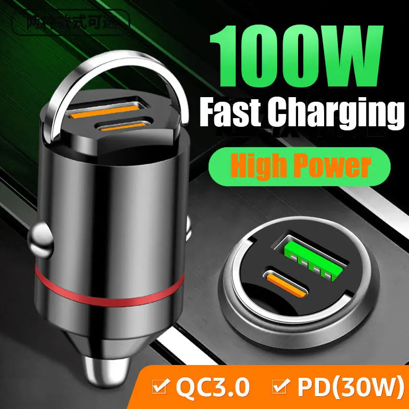 Chargeur de voiture mini USB 100 W à double port, charge ultra rapide, adaptateur de téléphone, prise allume-cigare 12-24 V