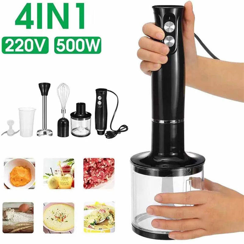 Mixeur Mélangeur Électrique 4 en 1 à Main par Immersion 500W – Lames Inox, Hachoir Viande & Légumes, Fouet à Œufs