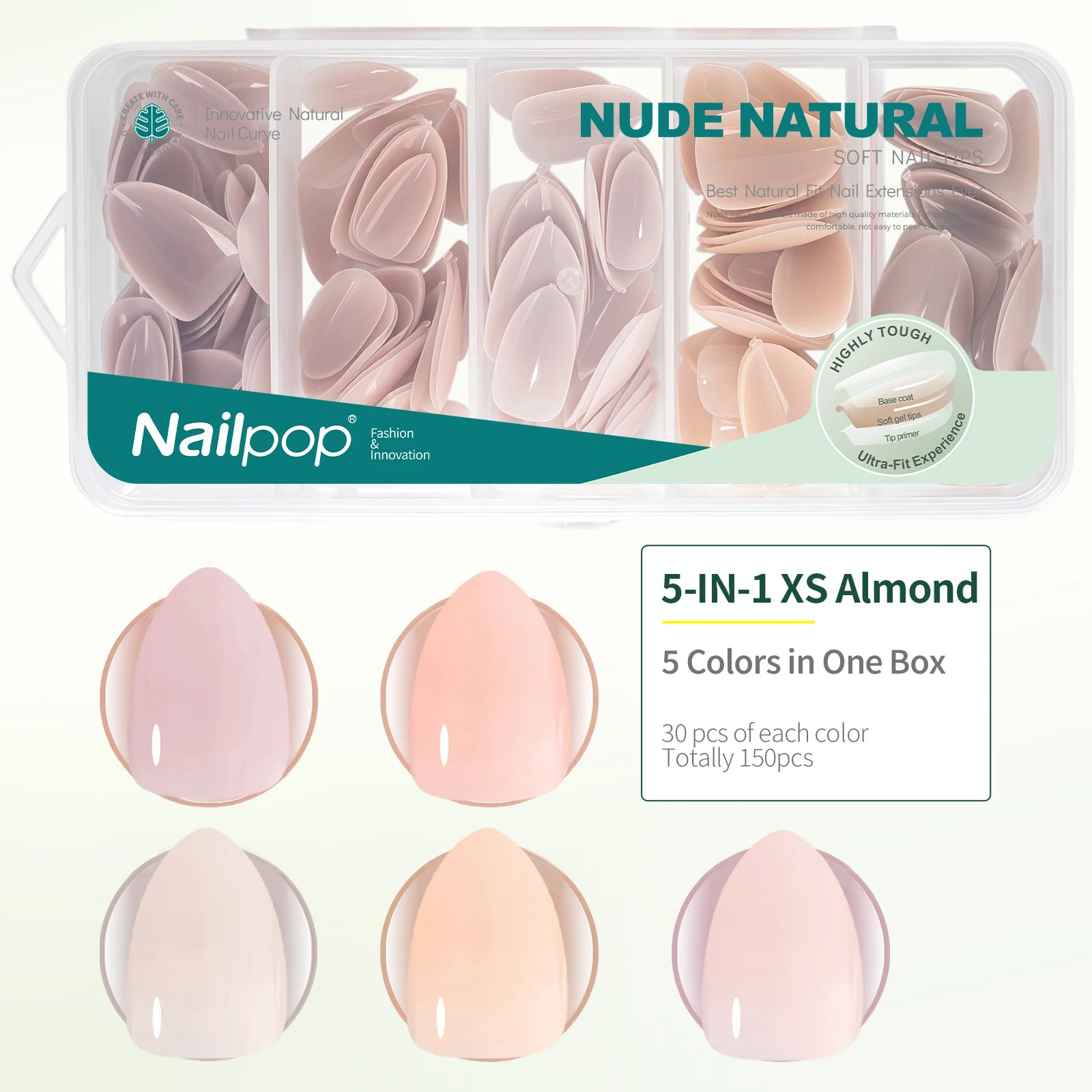 Kit de Faux Ongles 140/150 pièces Nailpop Sweet Dream – , Presse Courte, 5 Couleurs, Formes Amande/Cercueil/Carré/Oval, 14/15 Tailles