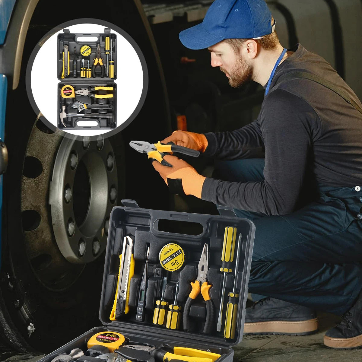 Kit d'outils à main avec boîte à outils en plastique, ensemble d'outils, mallette de rangement, utilisé pour la réparation de voiture, la réparation à domicile, 8 pièces, 9 pièces, 12 pièces, 13 pièces