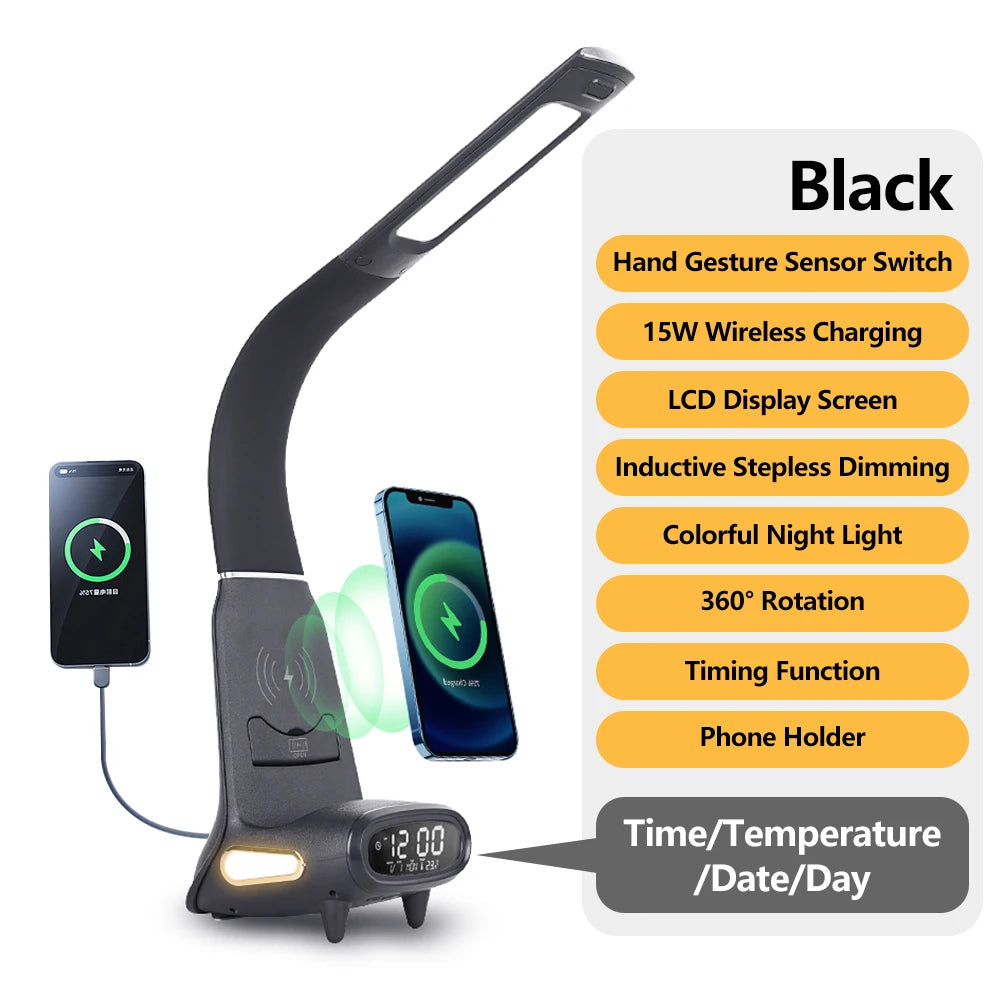 Multifunktionale Schreibtischlampe TX79 – Lesen, 15W kabelloses Laden und digitales LED-Display