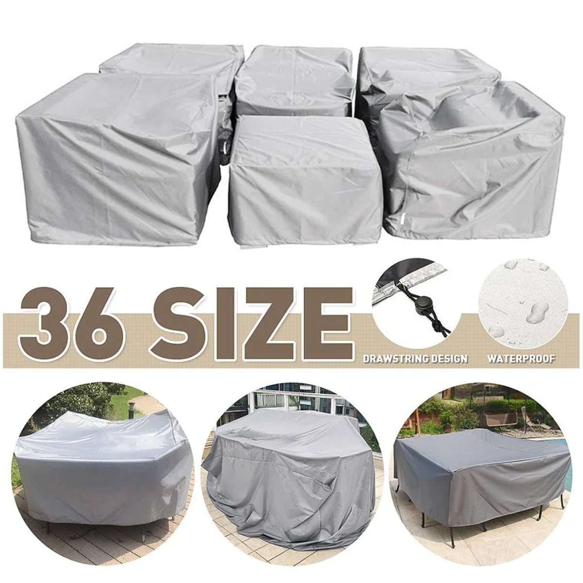 Housse de Protection Imperméable pour Meubles de Jardin – Multi-tailles, Anti-UV, 210D Oxford – Rectangulaire Argent/Noir