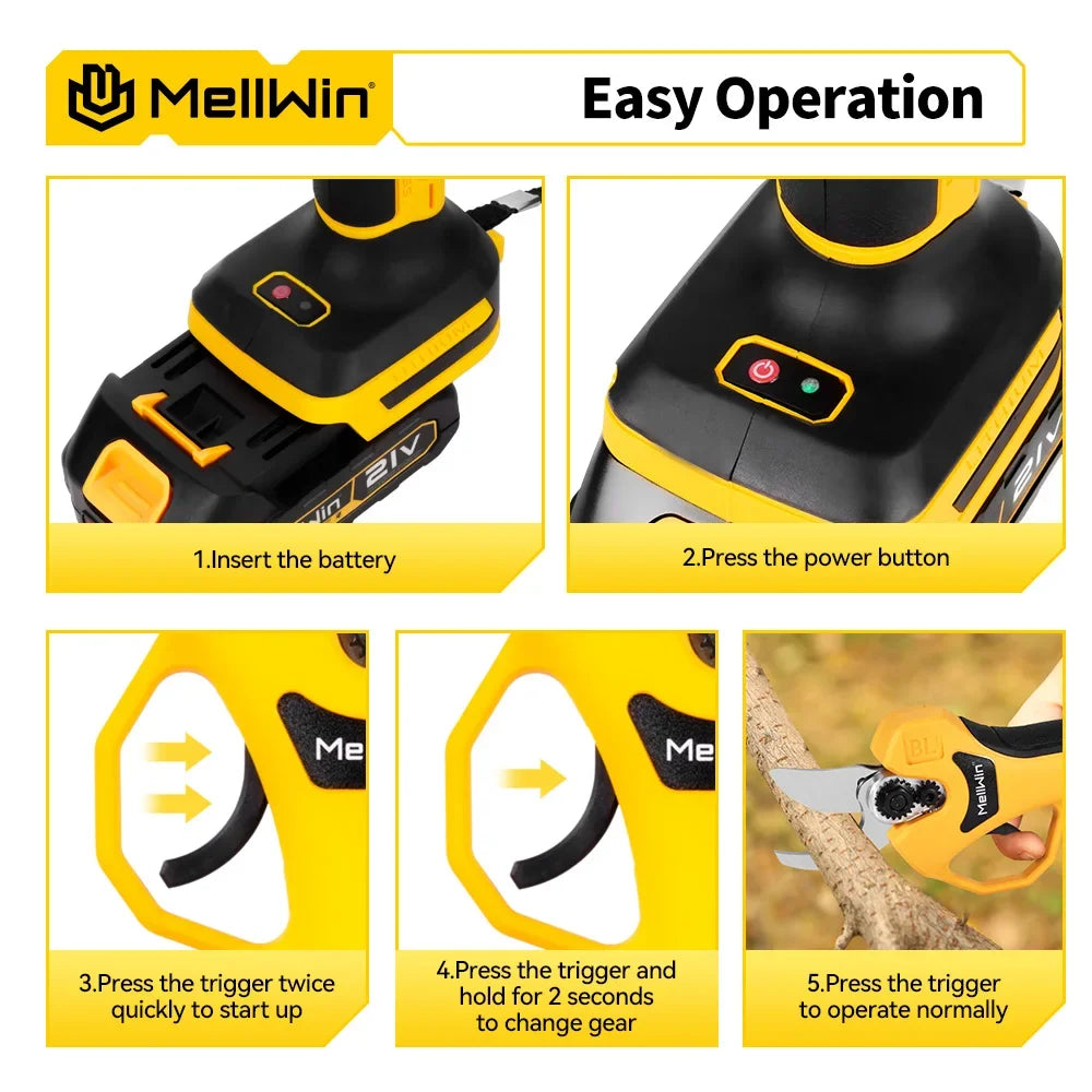 Sécateur électrique sans balais 30 mm MELLWIN – cisaille sans fil 2 vitesses pour arbres fruitiers et bonsaïs compatible 18 V