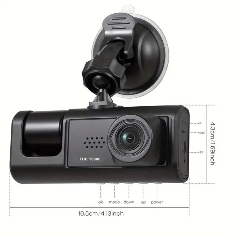 Dashcam Voiture 3 Caméras – HD, Vision Nocturne Simple, Écran 2", Enregistrement en Boucle
