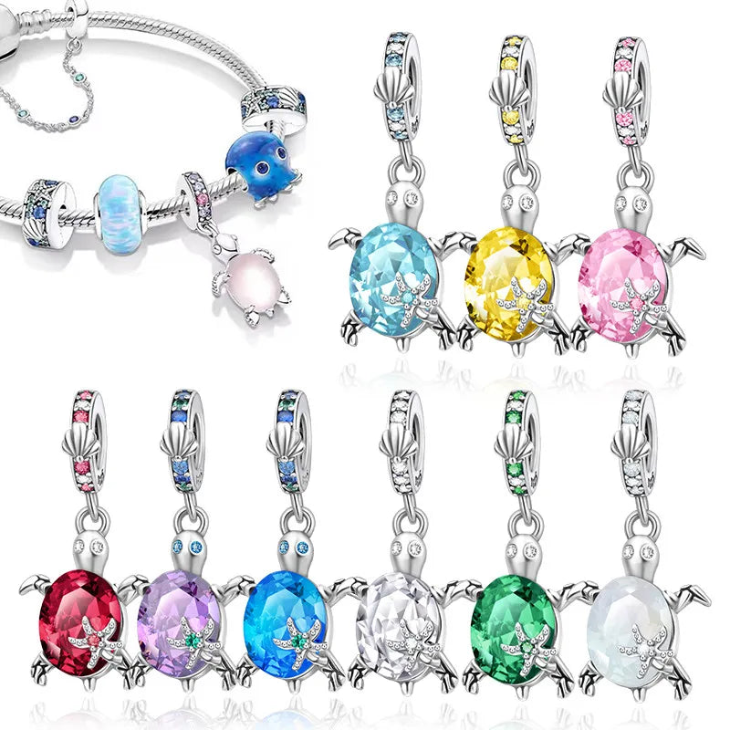 Perles de charme de tortue de mer pour femme, bijoux à bricoler soi-même, perles de poulpe, pendentif rose et bleu, bracelet Pandora