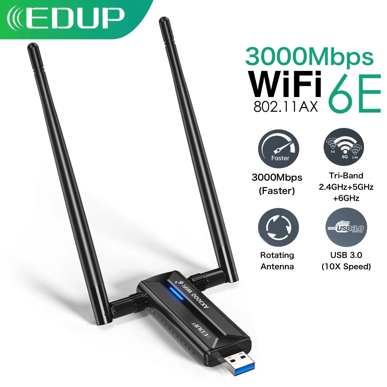 Adaptateur WiFi Tri-bande 2.4G 5G 6G EDUP WiFi 6E, carte réseau sans fil 3000Mbps USB 3.0, antenne à Gain élevé récepteur Wifi Dongle