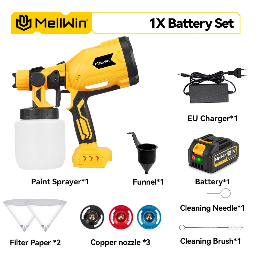 Pistolet de pulvérisation de peinture électrique 1000ML MELLWIN – Sans fil Portable HVLP pour meubles et voiture, compatible broche Makita 18V