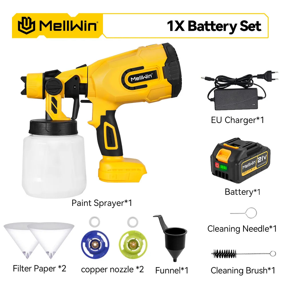 Pulvérisateur de peinture électrique sans fil MELLWIN 1200 ml – pistolet HVLP pour peinture domestique et pulvérisation de pesticides, compatible batterie Makita 18 V / 21 V