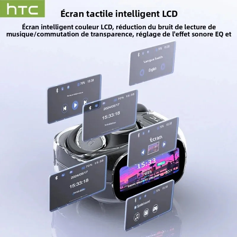 Écouteurs Bluetooth V6.0 HTC NE11, traducteur IA, réduction du bruit, écouteurs sans fil OWS Sports, écran tactile LCD