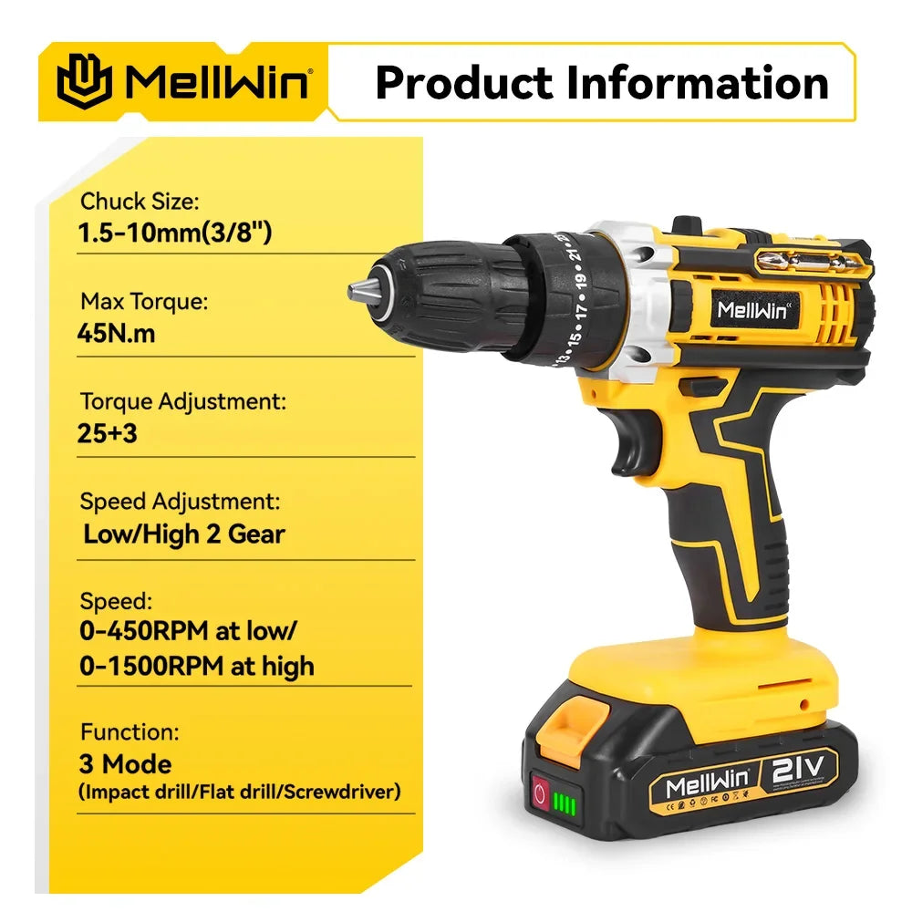 Perceuse à Percussion Sans Fil MELLWIN 25+3 Couple, 2 Vitesses Réglables, Tournevis Électrique – Compatible Batterie 18V Makita