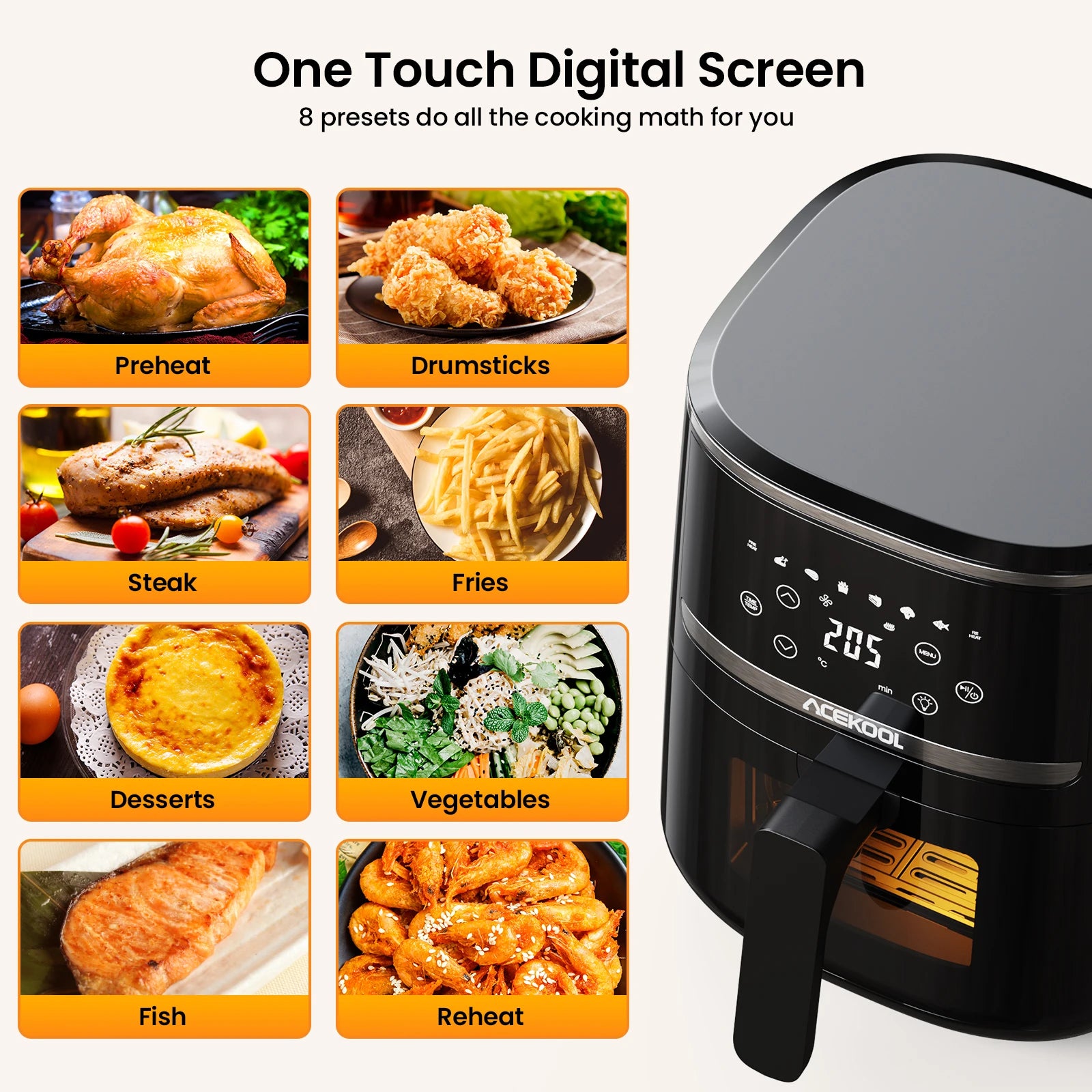 Air Fryer, Friteuse à air avec affichage numérique, grille-pain, cuisinière sans huile, fenêtre visible, panier passe au lave-vaisselle, 8 préréglages de cuisson, 5 pintes