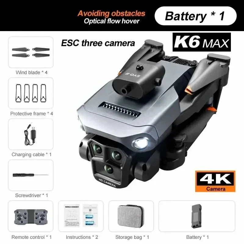 Drone K6 Max WiFi avec 3 Caméras HD, Grand Angle, Flux Optique, Évitement d’Obstacles, 4 Canaux, Quadricoptère