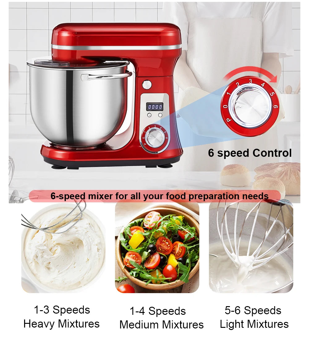 Robot de cuisine électrique BioloMix, 6L sur socle mélangeur 1200W moteur silencieux bol en acier inoxydable 6 vitesses, Crochet à pétrir, Batteur plat, bol mélangeur, Fouet filaire