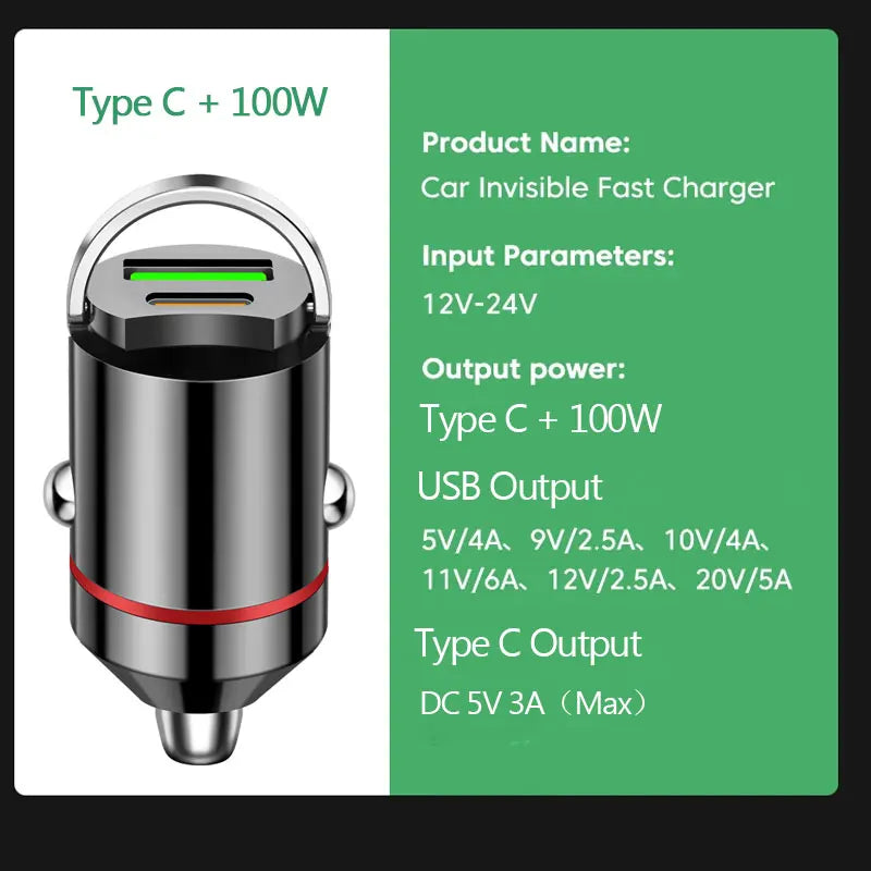 Chargeur de voiture mini USB 100 W à double port, charge ultra rapide, adaptateur de téléphone, prise allume-cigare 12-24 V