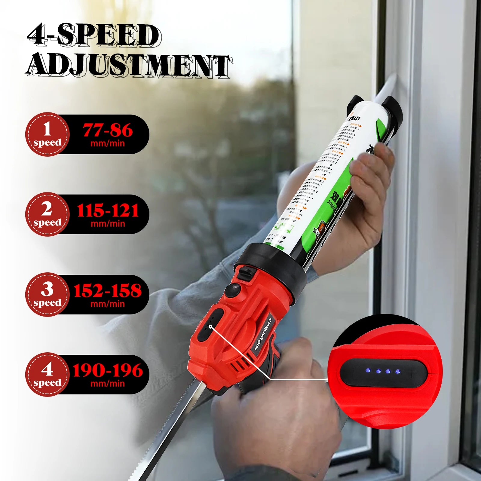 Pistolet à calfeutrer électrique sans fil, pistolet à silicone, 4 vitesses réglables, avec lumière LED, pistolet adhésif pour batterie Makita/Dewalt/Milwaukee