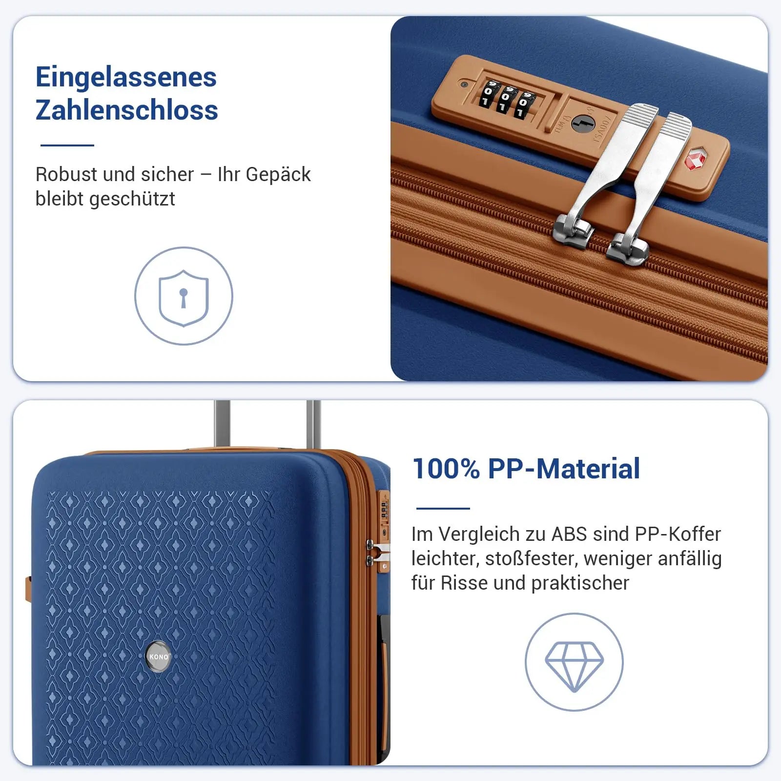 KONO Étui rigide en polypropylène avec porte-gobelet, extensible, léger et robuste, boîtier de chariot à verrouillage TSA à 4 roues