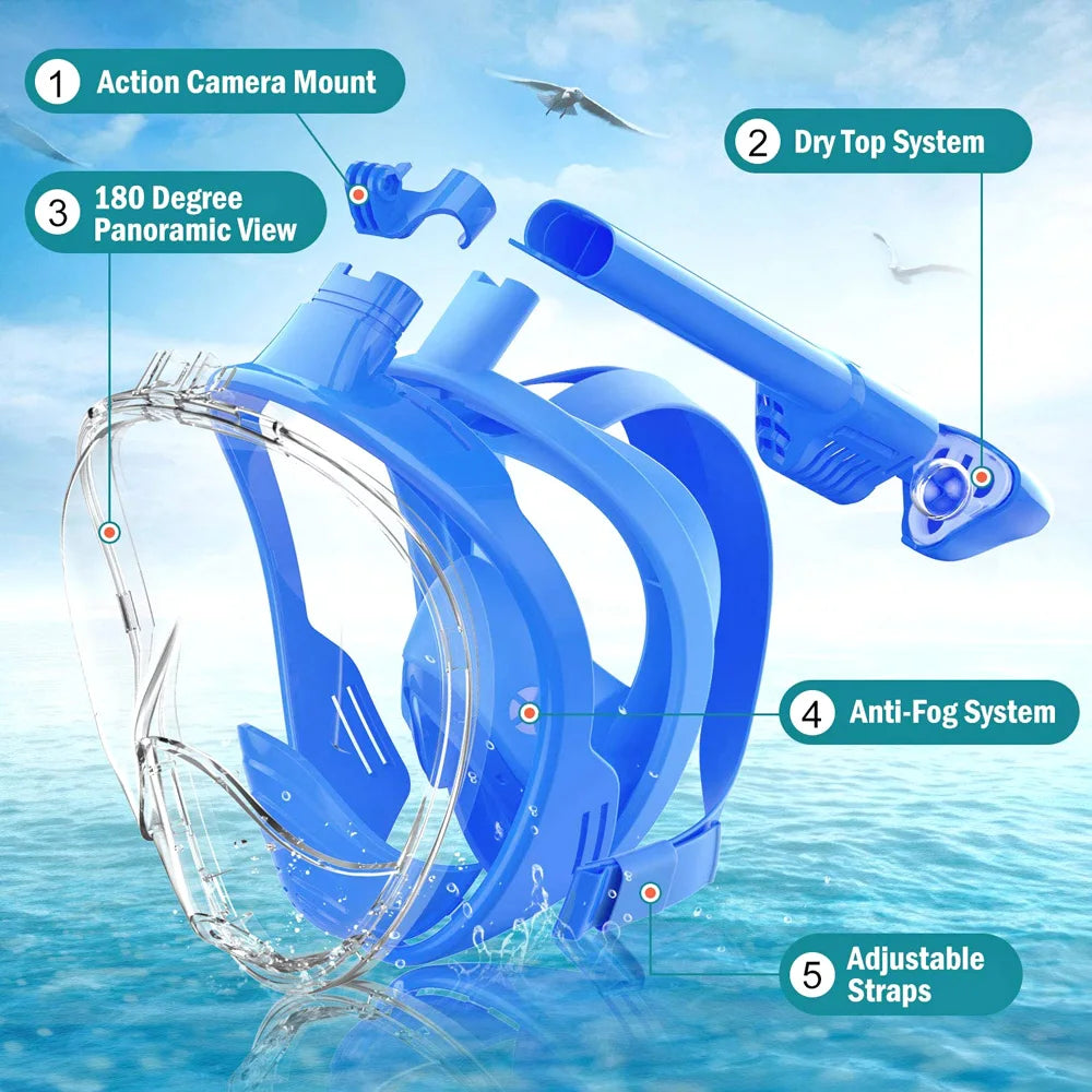 Masque de plongée complet pour enfants, avec support de caméra détachable, vue large, Anti-buée, Anti-fuite, natation en apnée pour enfants