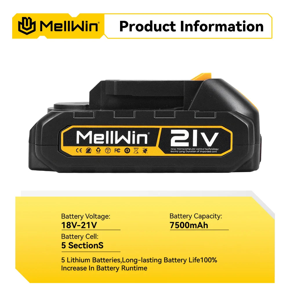 Batterie rechargeable MELLWIN 7 500 mAh – lithium, indicateur LED, compatible Makita 18 V / 21 V