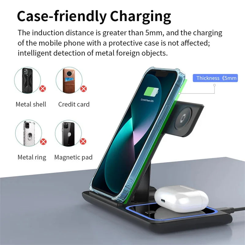 Chargeur sans fil 3 en 1 pour iPhone 15 14 13 12 Pro Max 11 15W, Station de charge rapide pour Apple Watch, support à Induction Airpods