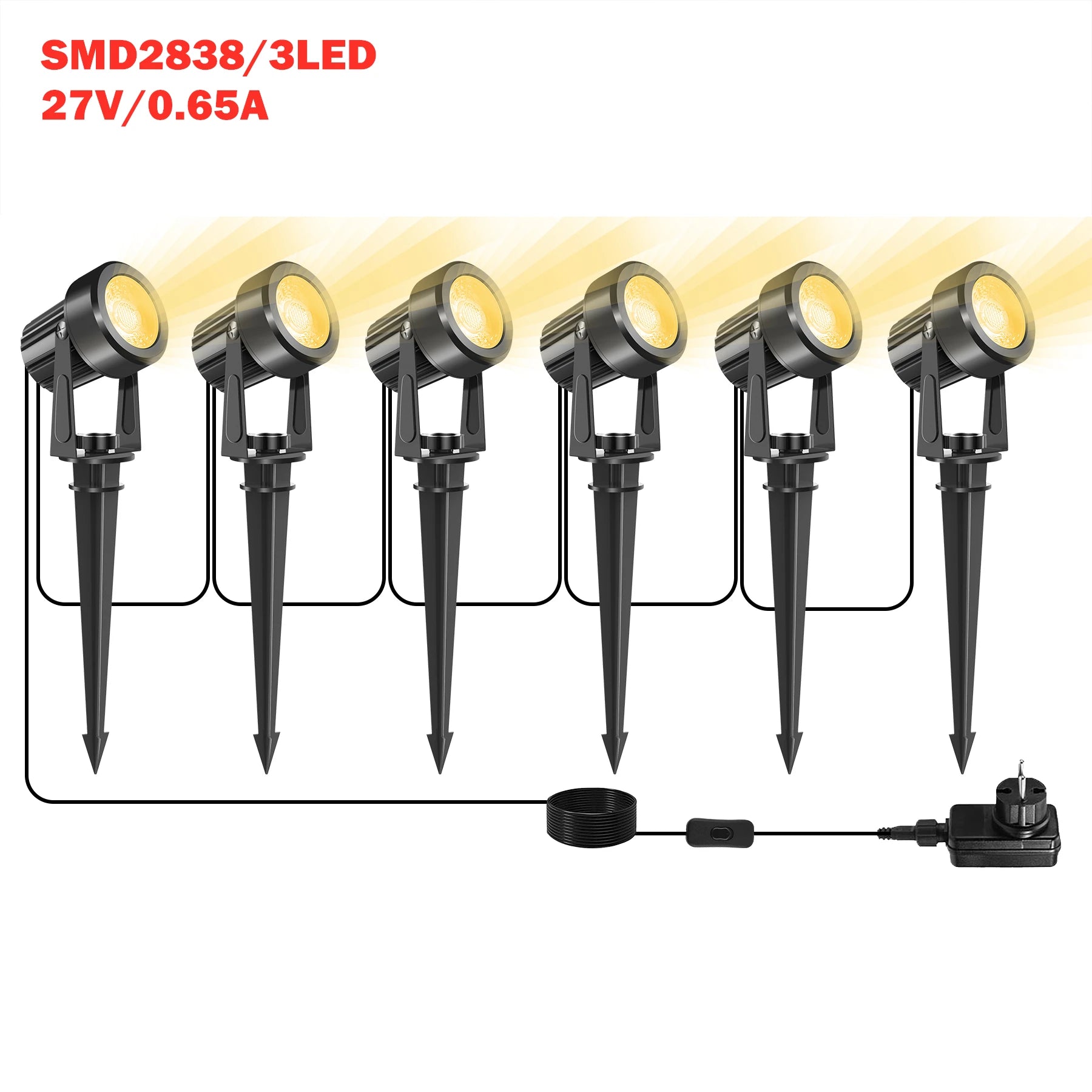 12V/27V LED Niedervolt Gartenbeleuchtungsset – 2 bis 10 Leuchten, 800LM, IP65 wasserdicht, warmweißes Licht 3000K