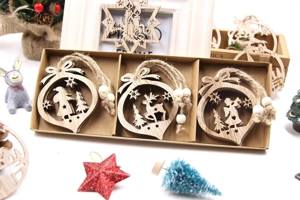 Flocon de neige creux en bois pour Noël, ornements de Noël vintage, décorations d'arbre de Noel, cadeaux, 12 pièces par boîte