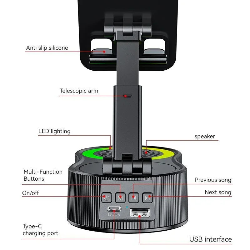 Haut-parleur sans fil avec lumière ambiante colorée 360° Support de téléphone pliable et rotatif et réglable, antidérapant, caisson de basses HDSurround 5.3