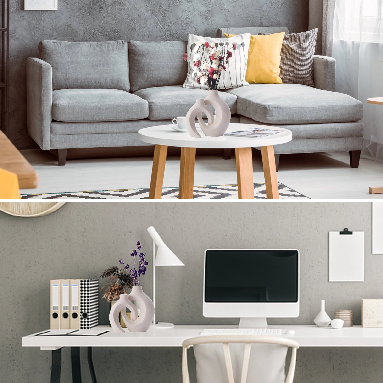 Vase creux circulaire en céramique blanche pour la décoration intérieure, pot de fleurs en bois, accessoires de décoration de bureau, salon, maison