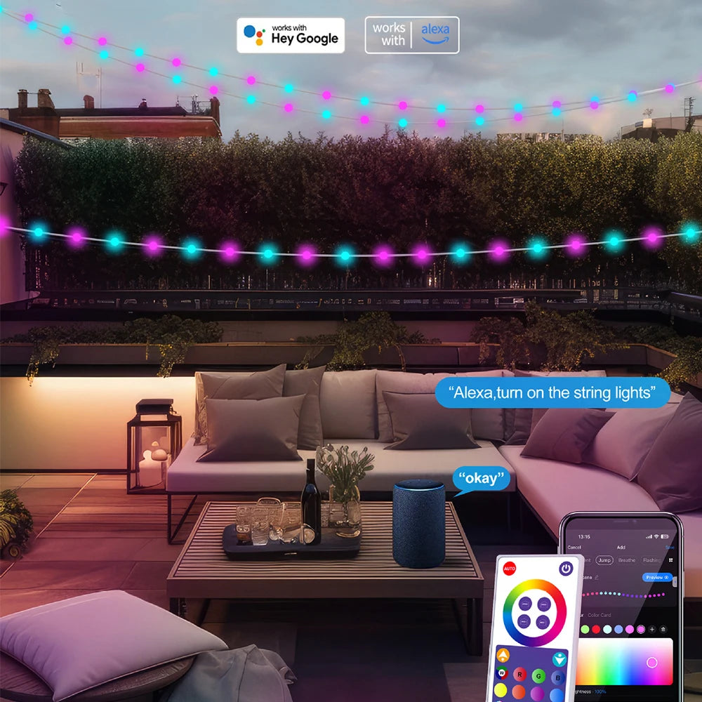 Guirlande LED intelligente Tuya WiFi & Bluetooth – 5M à 20M, boules lumineuses RGB, IP67, contrôle APP pour intérieur & extérieur