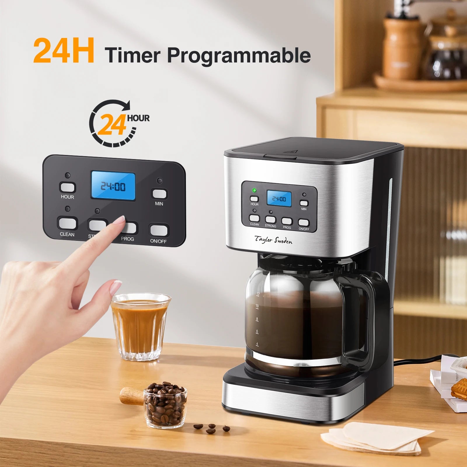 Cafetière filtre 1,5 L 12 tasses avec filtre réutilisable, minuterie et base de maintien au chaud 950W 
