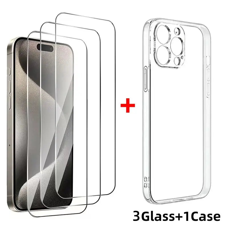 3 pièces verre trempé + 1 coque transparente pour iPhone 6 à 16 – protection écran 9H anti-rayures + anti-empreintes