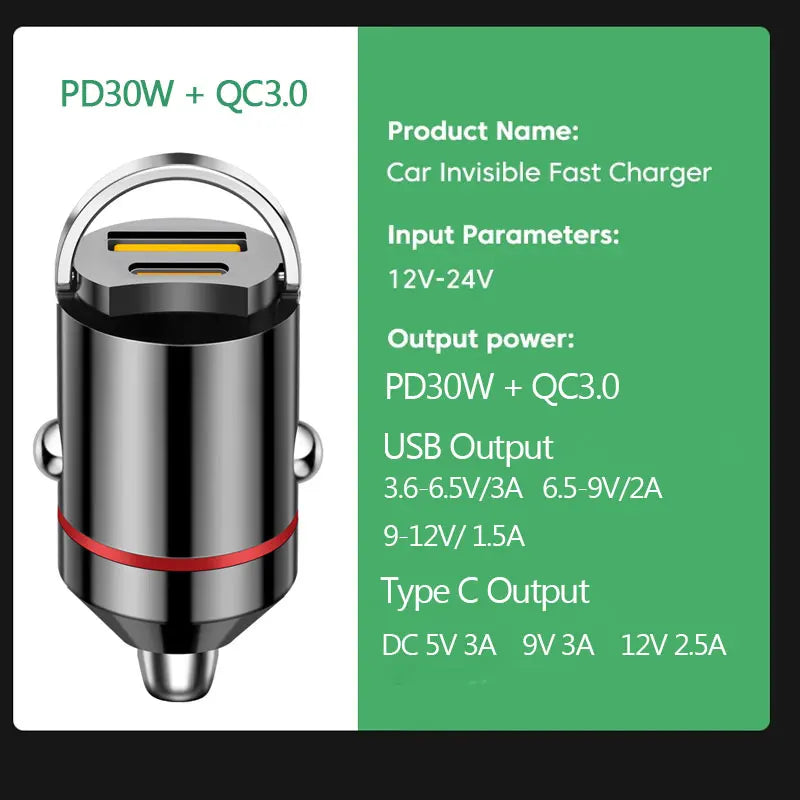 Chargeur de voiture mini USB 100 W à double port, charge ultra rapide, adaptateur de téléphone, prise allume-cigare 12-24 V