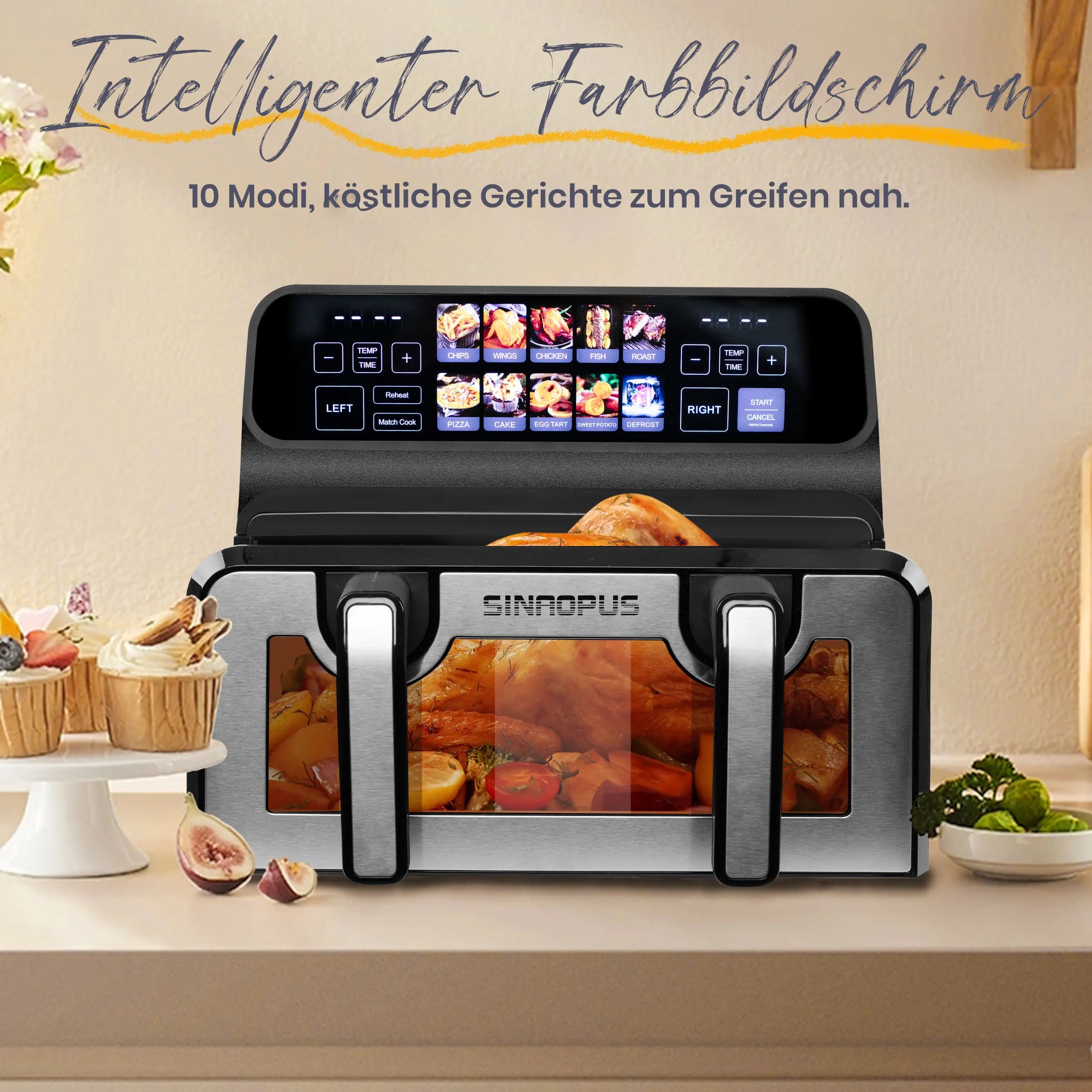 Air Fryer Friteuse à air chaud double panier Sinaopus 9 L – 2200 W, écran tactile LED, 10 programmes, mode double ou grande chambre