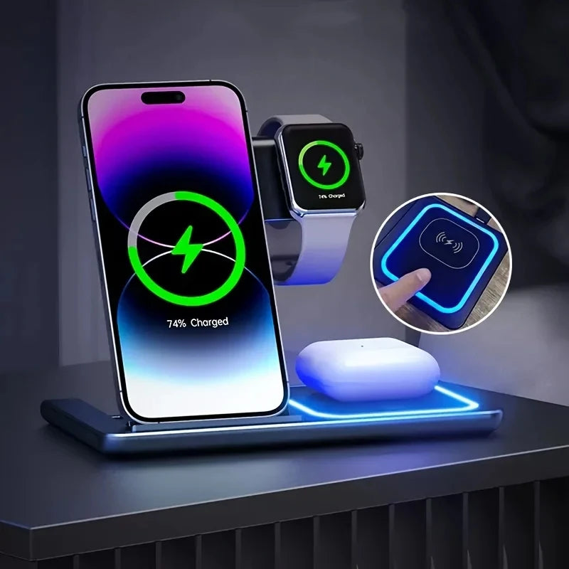 Chargeur sans fil 3 en 1 pour iPhone 15 14 13 12 Pro Max 11 15W, Station de charge rapide pour Apple Watch, support à Induction Airpods