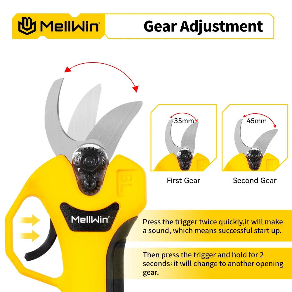 Sécateur électrique sans balais 30 mm MELLWIN – cisaille sans fil 2 vitesses pour arbres fruitiers et bonsaïs compatible 18 V
