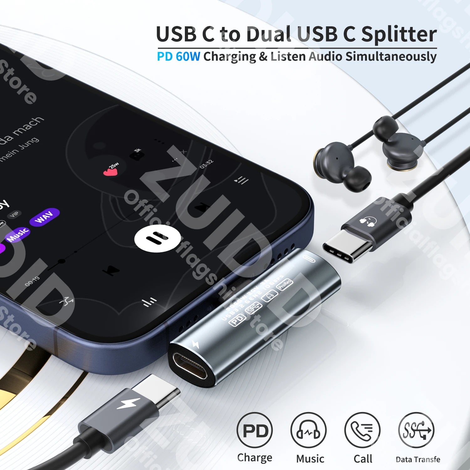 Adaptateur audio USB Type-C, 2 en 1, USB 3,2, 10Gbps, PD 60W, charge rapide, convertisseur de téléphone pour iPhone 15 Pro, Samsung
