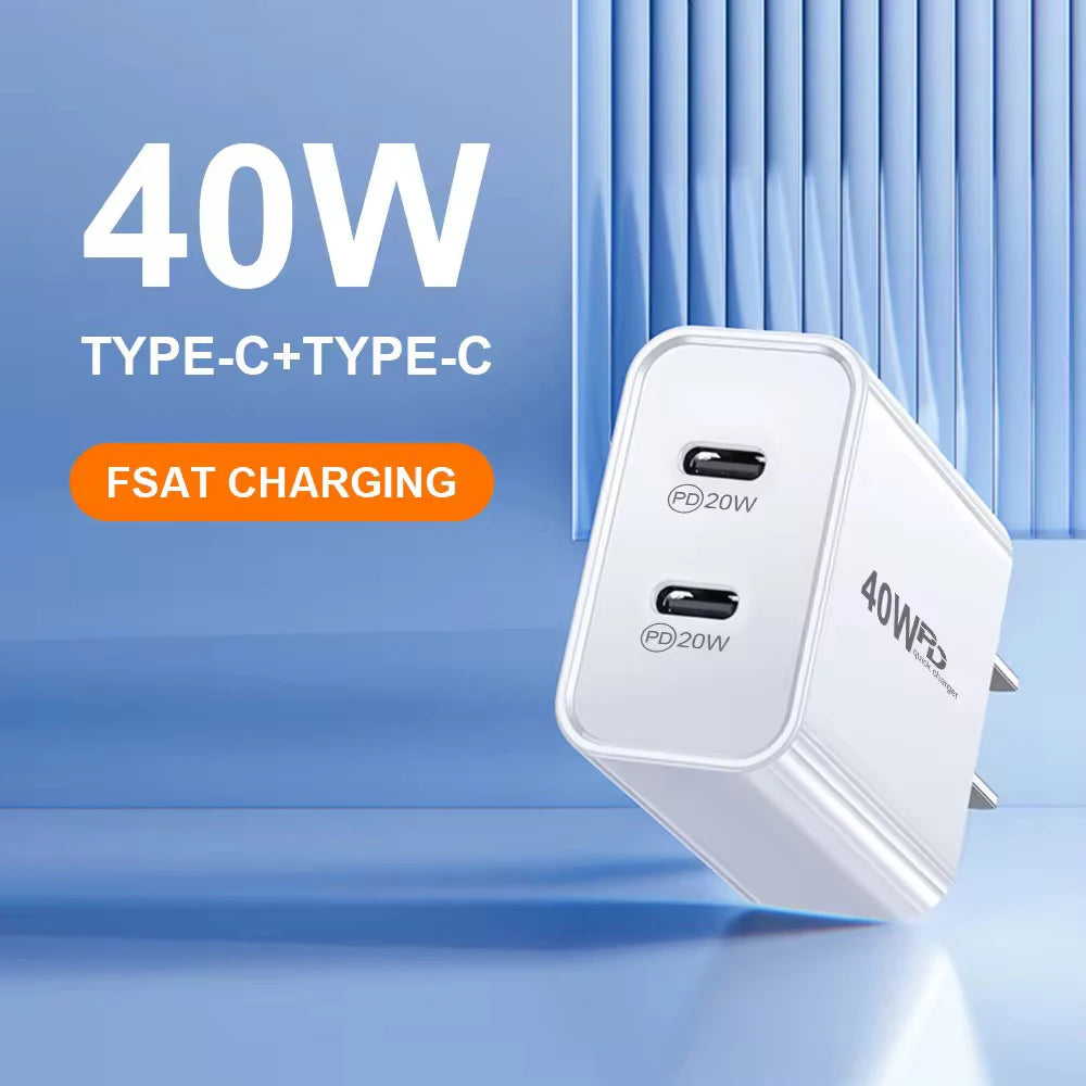 Chargeur PD 40W pour iPhone 16 / 15 / 14 / 13 / 12 / 11 Pro Max / Mini / 7 / 8 Plus / XR, avec câble Type-C charge rapide
