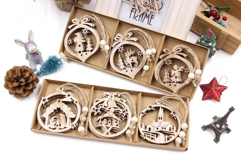 Flocon de neige creux en bois pour Noël, ornements de Noël vintage, décorations d'arbre de Noel, cadeaux, 12 pièces par boîte