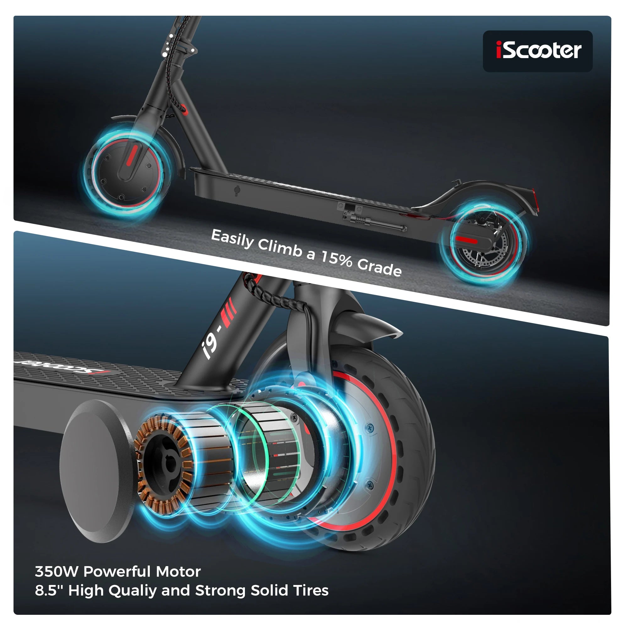 Trottinette électrique iScooter, Scooter i9 Scooter électrique 350W Scooter pour adultes 7.5Ah 30 km/h pliable E scooter pneu court 8.5 pouces nid d'abeille