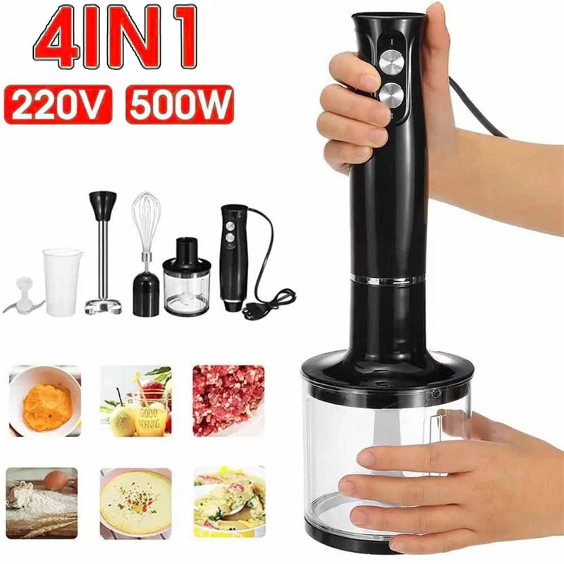 Mixeur Mélangeur Électrique 4 en 1 à Main par Immersion 500W – Lames Inox, Hachoir Viande & Légumes, Fouet à Œufs