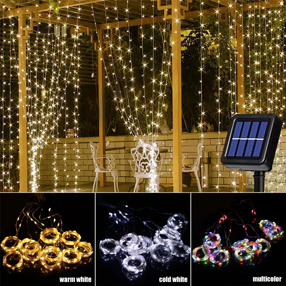 Rideau lumineux solaire d'extérieur 300 LED étanche pour jardin, cour, pavillon, guirlande lumineuse féerique, décoration