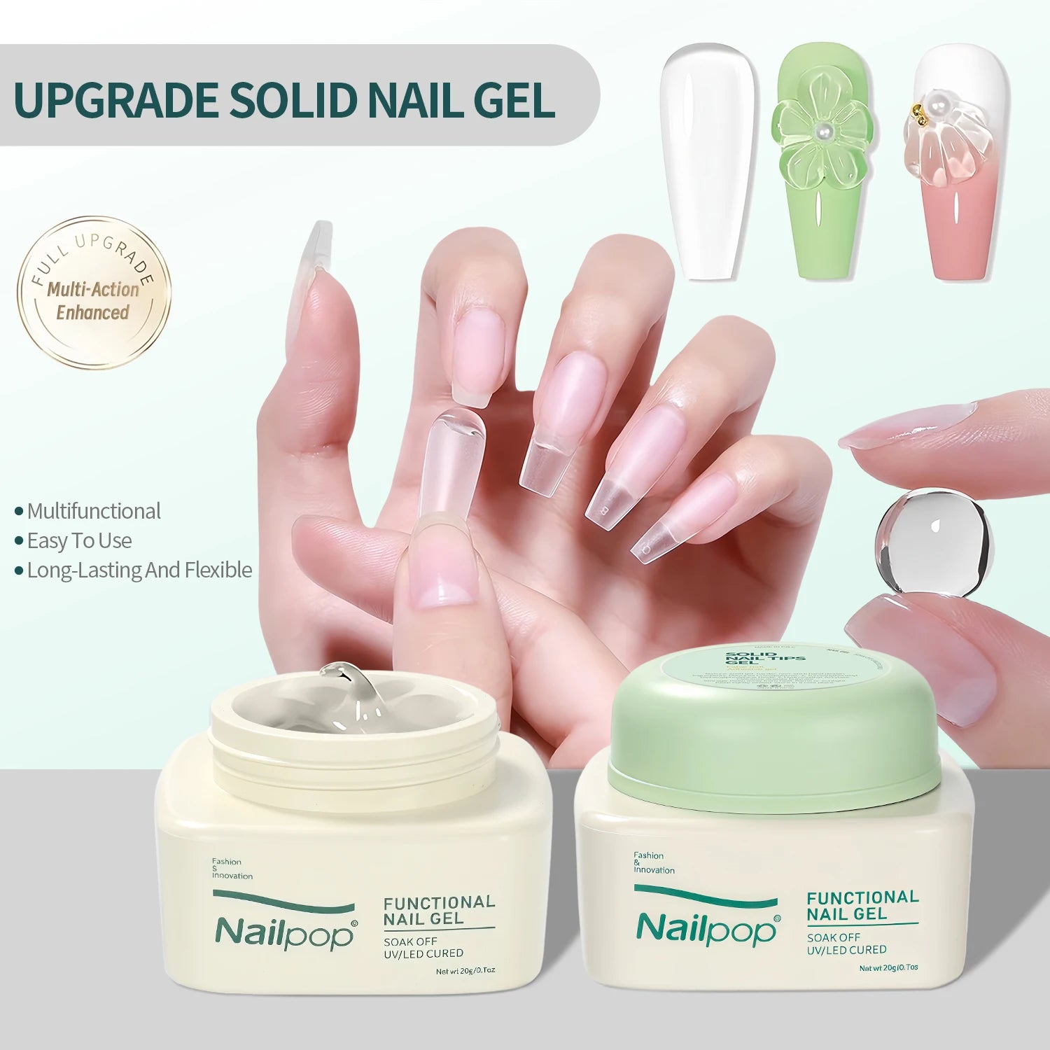 Gel Colle Solide pour Ongles à Pression, Adhésif Fort, Pointe de Gel Transparente, Gel UV Longue Durée, Sans Dommage, 20g (1/3 pièces)