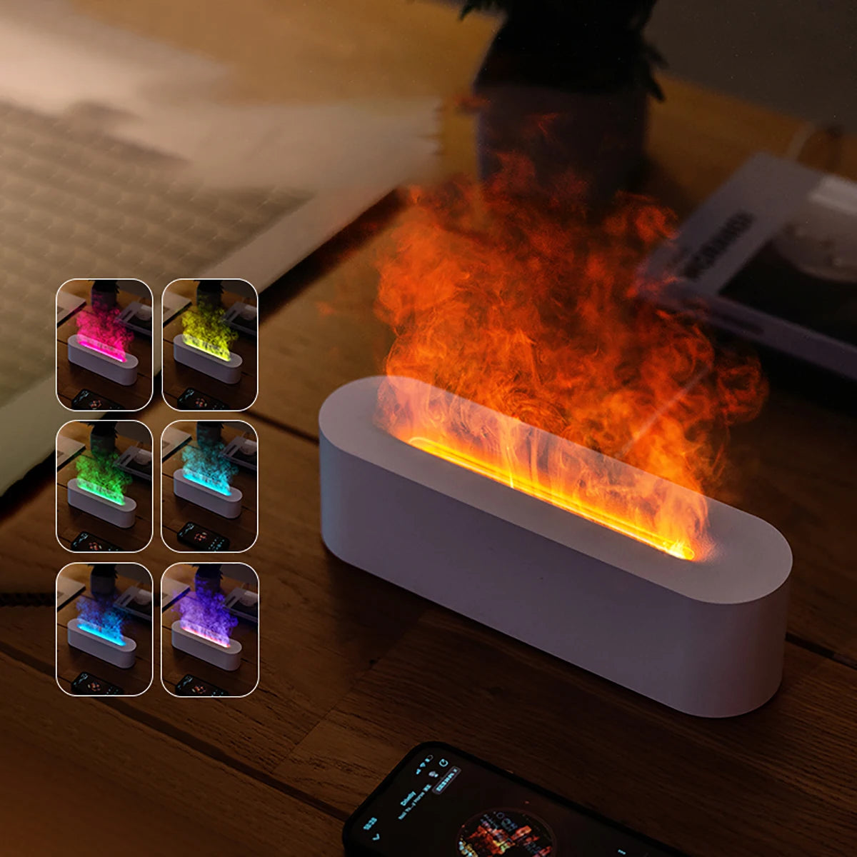 RGB Flame Effect Aroma Diffuser, USB Humidifier, Desktop Simulation Light, Aromatherapy for Bedroom, 7 Colors