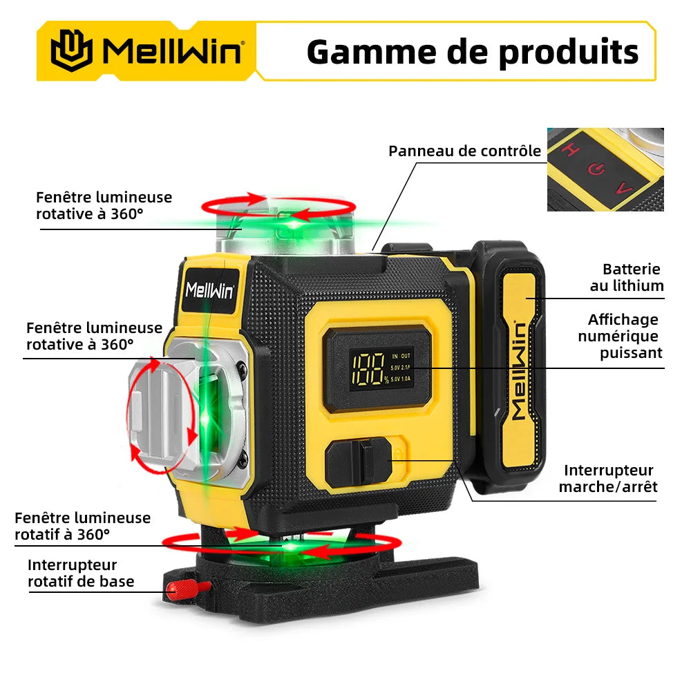 MELLWIN professionnel 16 lignes 4D niveau Laser avec télécommande APP autonivelant 360 niveau Laser puissant horizontal et vertical