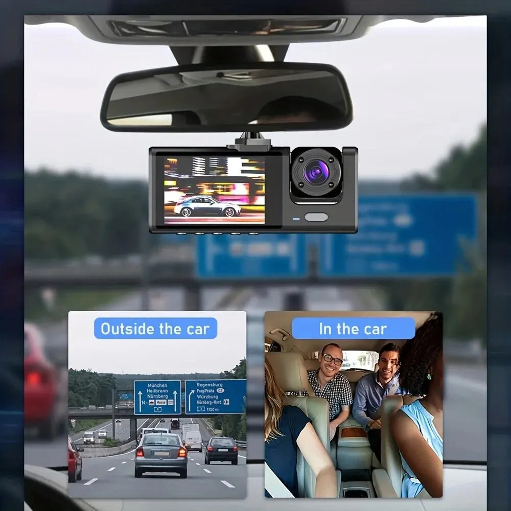 Dashcam Voiture 3 Caméras – HD, Vision Nocturne Simple, Écran 2", Enregistrement en Boucle