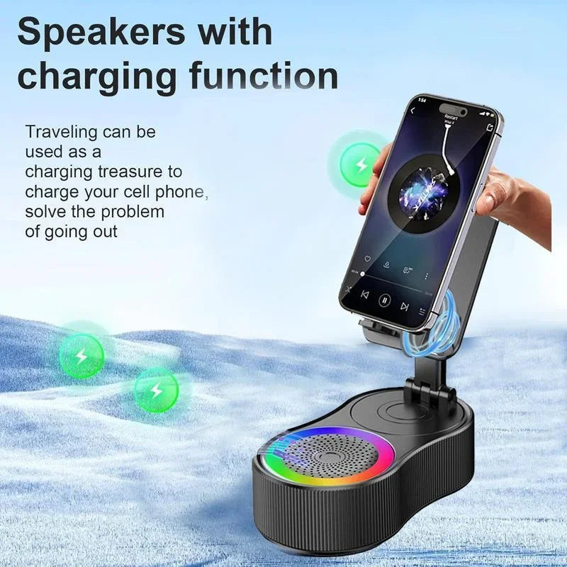 Haut-parleur sans fil avec lumière ambiante colorée 360° Support de téléphone pliable et rotatif et réglable, antidérapant, caisson de basses HDSurround 5.3
