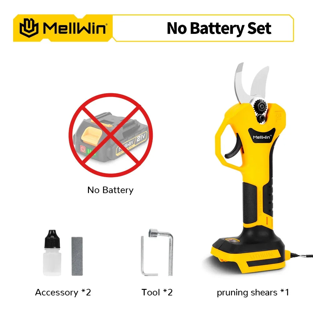 Sécateur électrique sans balais 30 mm MELLWIN – cisaille sans fil 2 vitesses pour arbres fruitiers et bonsaïs compatible 18 V