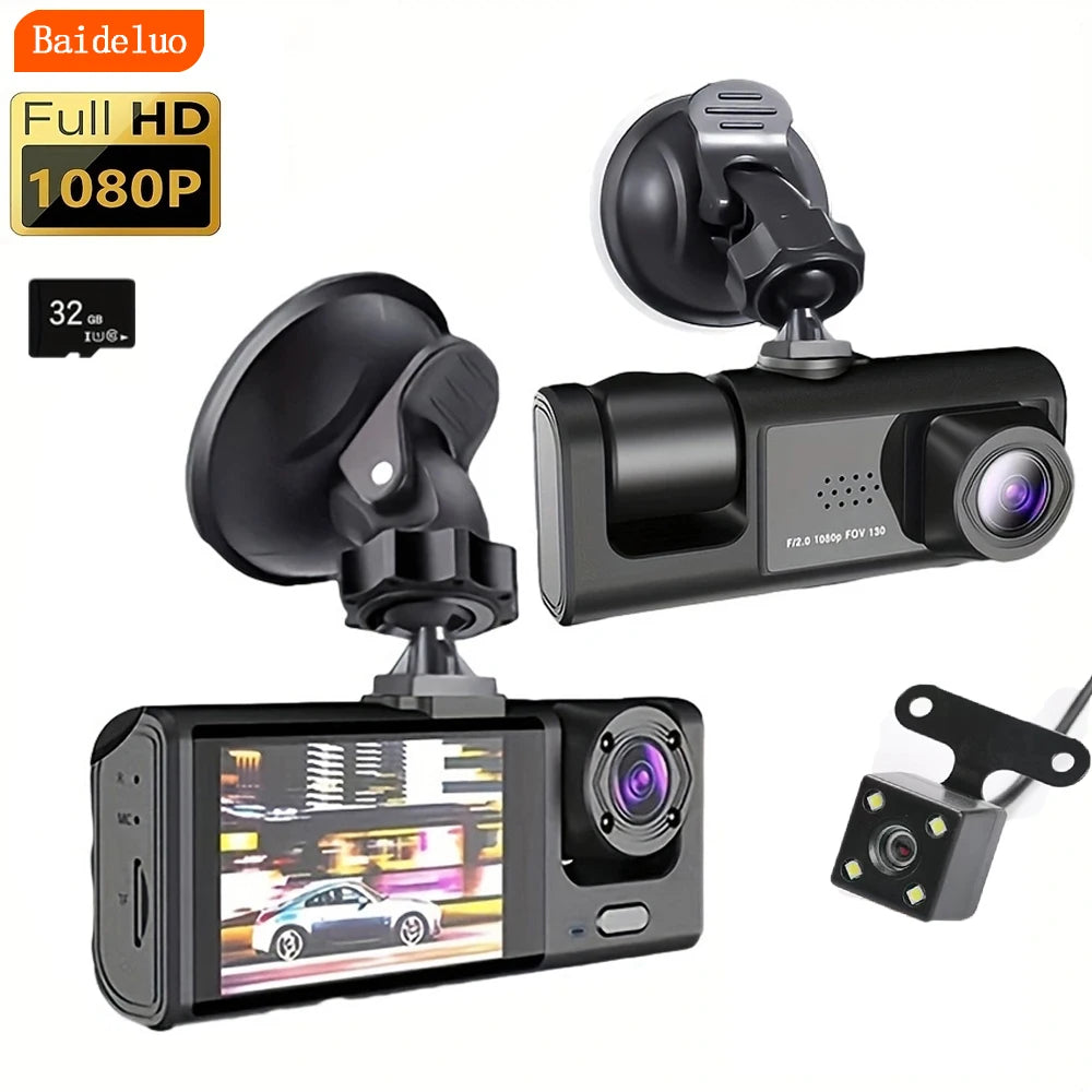 Dashcam Voiture 3 Caméras – HD, Vision Nocturne Simple, Écran 2", Enregistrement en Boucle